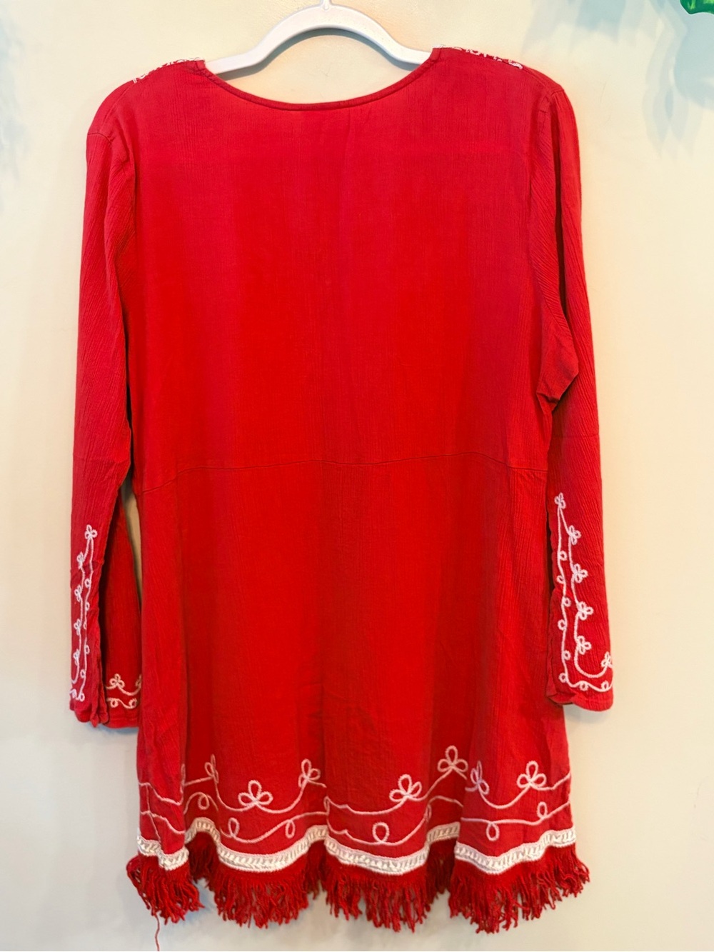 Boho Embroidered Cotton Gauze Fringe Tunic Top - Picture 6 of 7